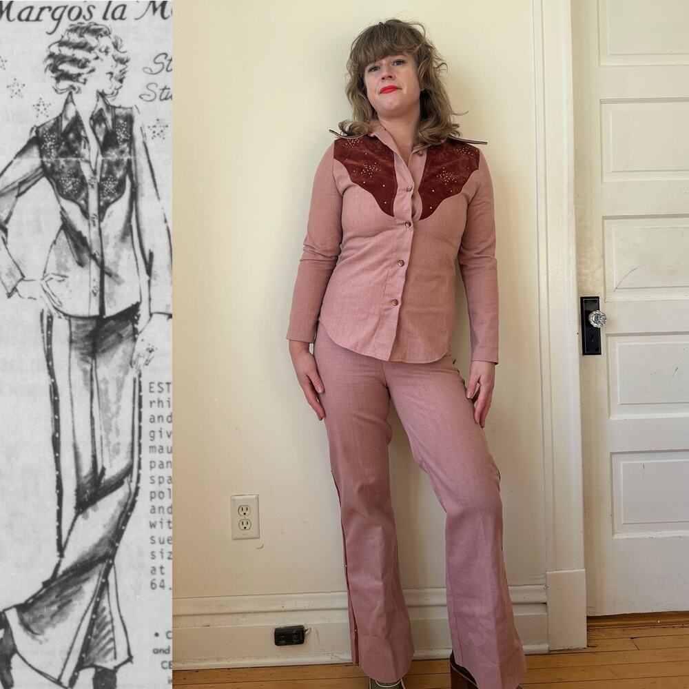 1970s 70s vintage western cowgirl suit set pink studs rhinestone Dolly Parton s